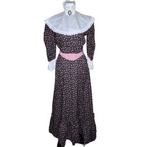Vintage 80s Long Sleeve Country Prairie Dress Womens Size S Black Floral Cottage